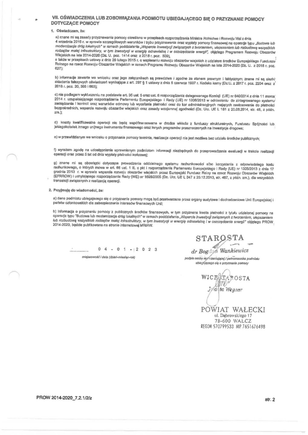 Zdjęcie dokumentu wraz z podpisami Starosty, Wicestarosty oraz członka zarządu zojewództwa zachodniopomorskiego.